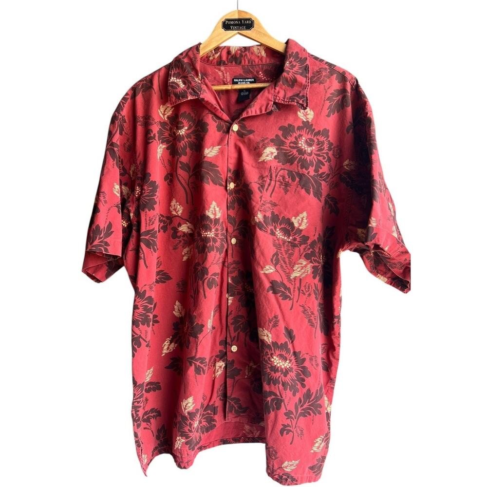 Polo Jeans Ralph Lauren Hawaiian Shirt XL Red Floral Camp Cotton short Sleeve
